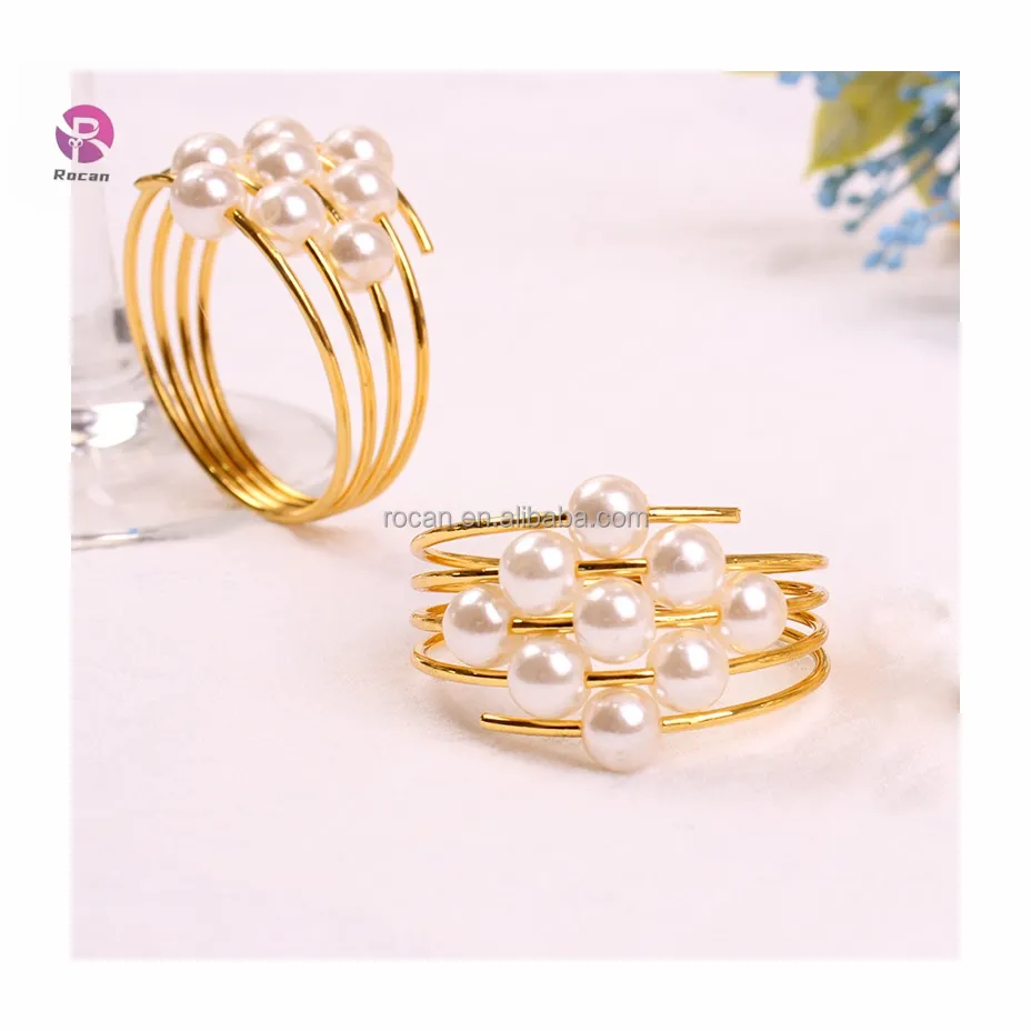 Anéis de guardanapo de ouro pérola para decoração de festas, peças centrais de mesa de casamento