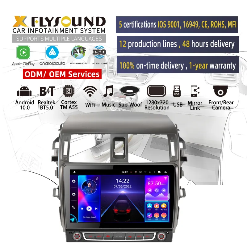 Flysonic 2 Din Android 10 Auto Dvd-Speler Voor Toyota Corolla 2007 2008 2009 2010 2011 Quad Core Touchscreen Autoradio