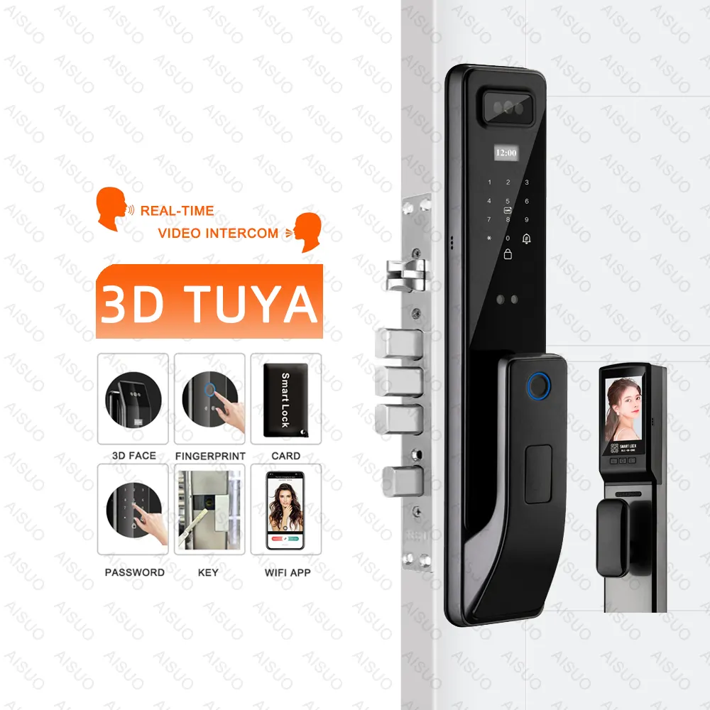 AISUO Interphone vidéo en temps réel Visage 3D TUYA Serrure de porte intelligente Serrure électrique numérique Empreinte digitale Mot de passe Carte Porte Serrure intelligente