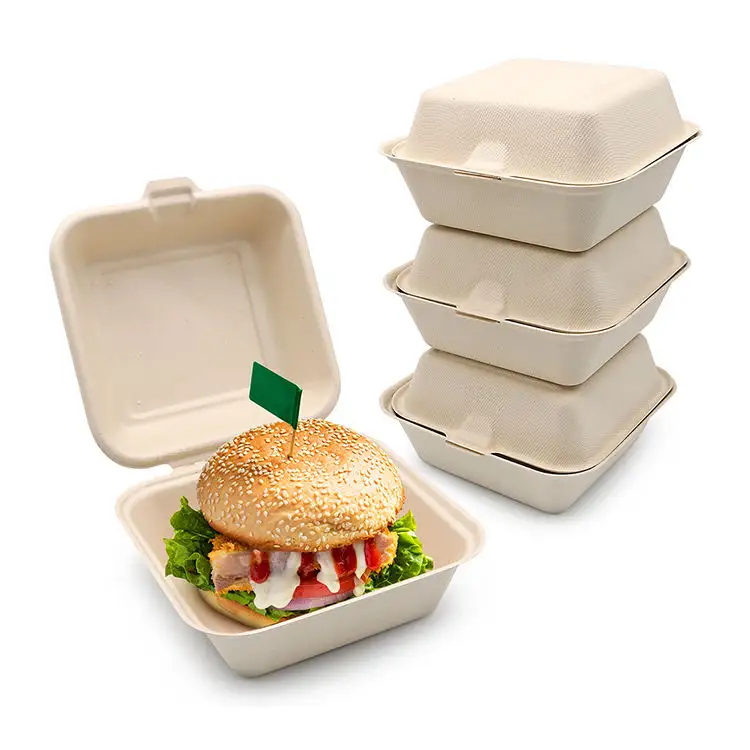 Contenitore per hamburger di canna da zucchero e monouso biodegradabile compostabile scatola per alimenti per bagassa da asporto 9 "x 6 300ml scatola di carta per bagassa da asporto