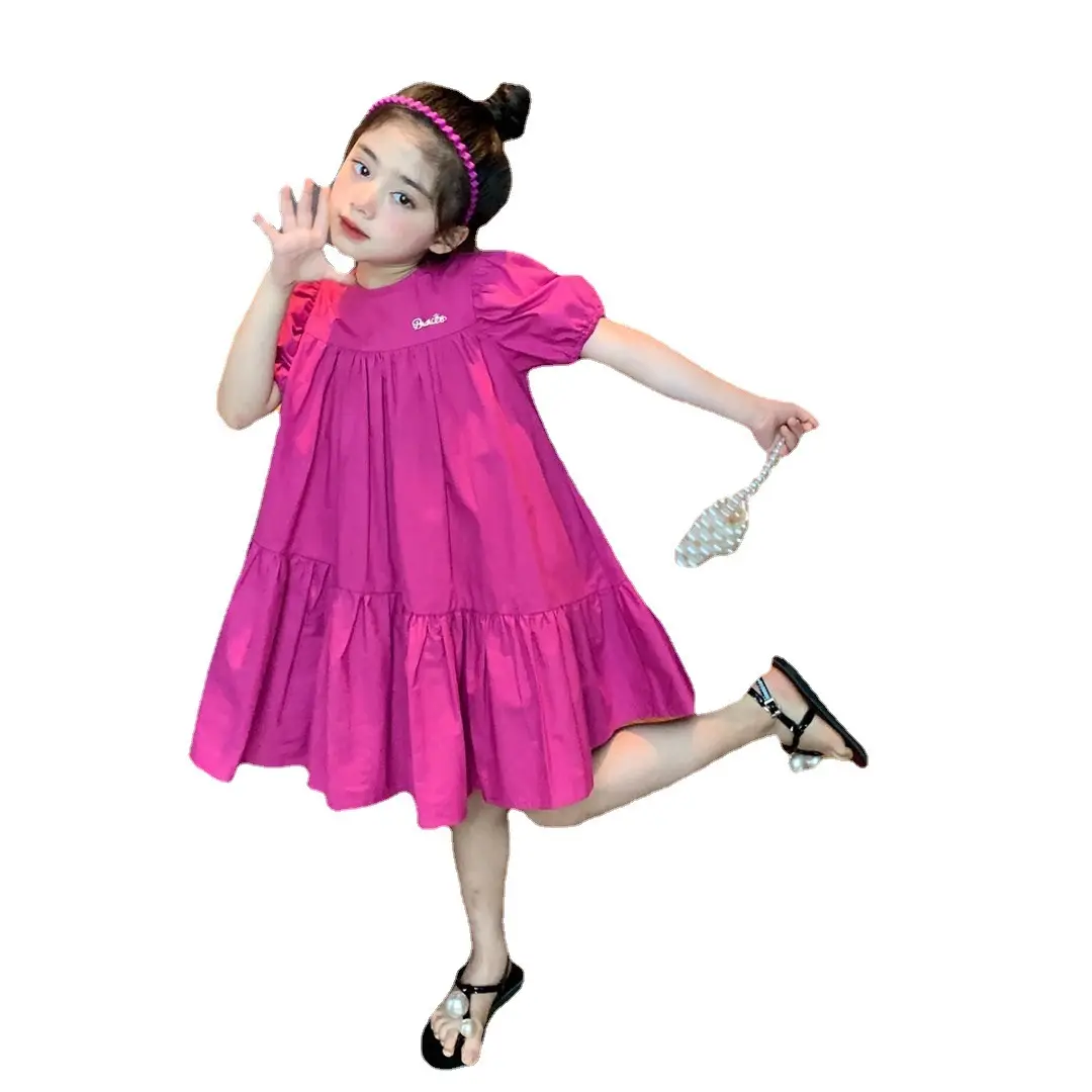 2024 yeni kız kabarcık kol gül elbise çocuk gevşek küçük kız ejderha meyve rengi pamuklu etek