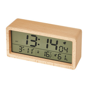 Sensor de temperatura y humedad interior con pantalla LCD grande con diseño de bambú de madera Reloj despertador OEM personalizable - Product Image 2