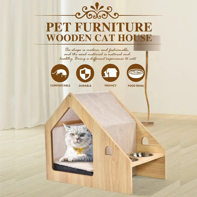 Yeni tasarım Pet mobilya mağara lüks Modern çift paslanmaz çelik kase rahat ahşap Pet kedi evi
