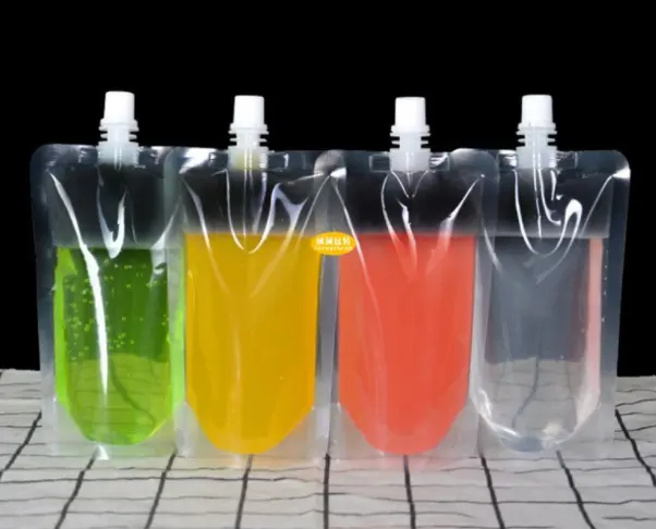 China Groothandel Plastic Verpakking Zak Voor Sap Frisdrank En Fruit Fuice Stand Up Tuit Zakje Alcohol Vloeibare Verpakking
