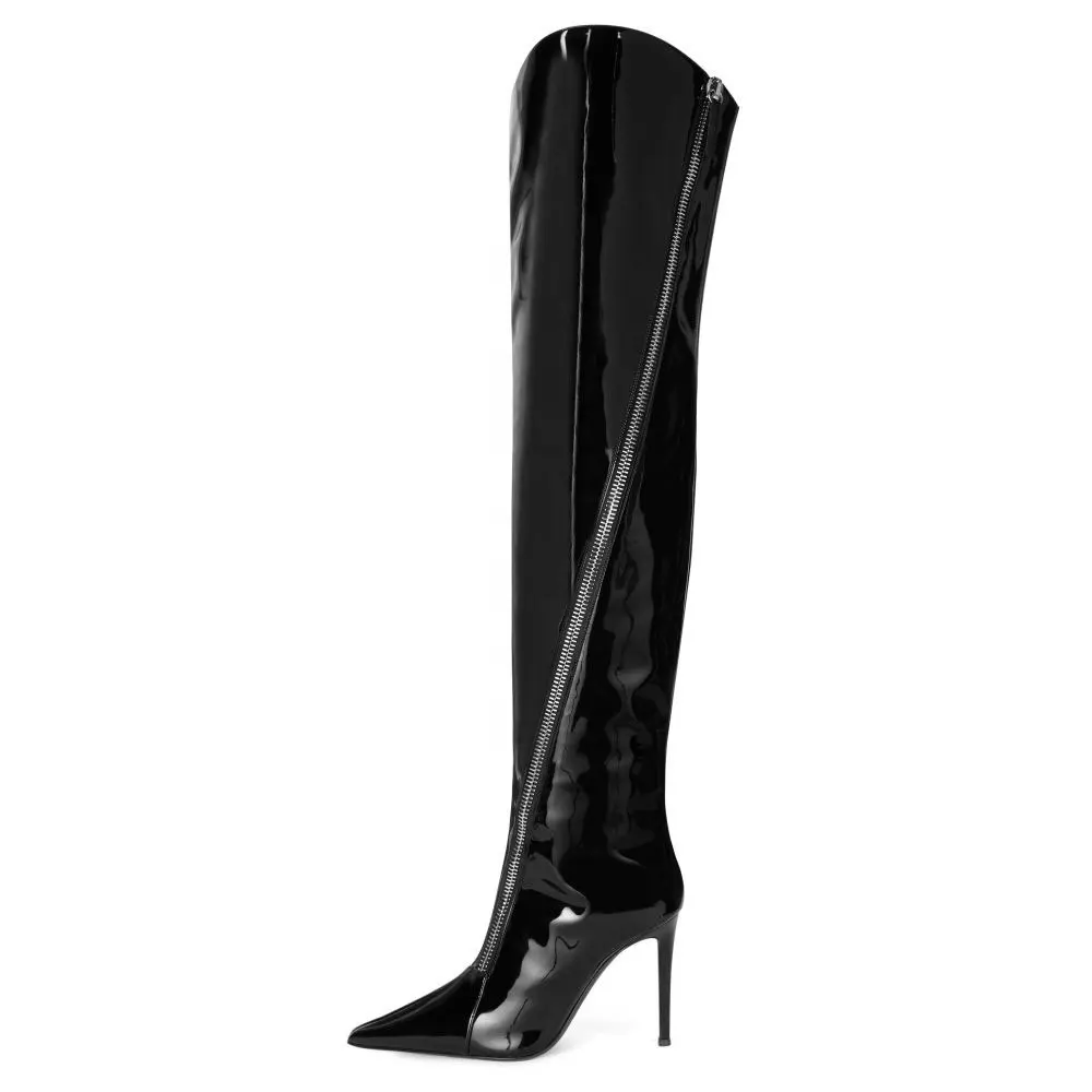 Черные лакированные высокие сапоги до бедра на высоком каблуке с молнией женские сапоги выше колена с острым носком женские высокие сапоги Зимняя обувь