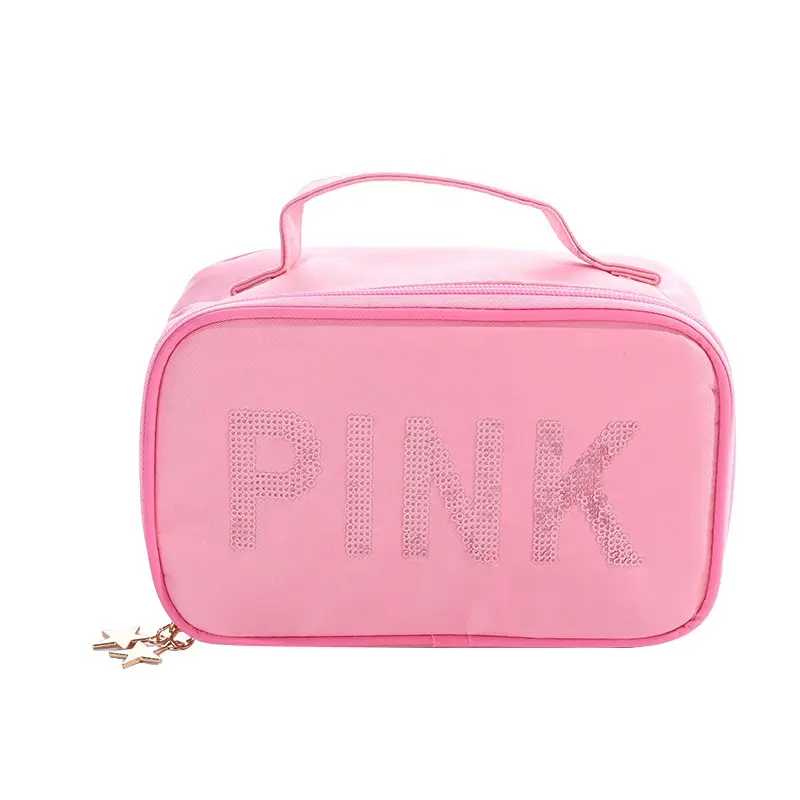 Tas Kosmetik dan Casing dengan Pegangan, Kualitas OEM Logo Nilon Patch Pink