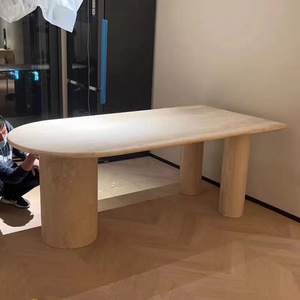 Mesa de comedor de piedra travertino natural, mesa de restaurante de mármol con escultura Rectangular de diseño de gama alta - Product Image 2