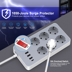 Dalgalanma koruyucusu elektrik uzatma soket kablosu evrensel ab tak 6 AC çıkışları ile güç şeridi 3 USB 1 tip C şarj portu - Product Image 5