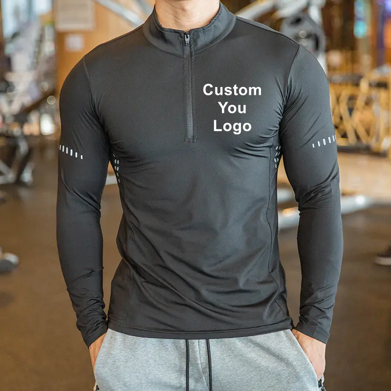 Camiseta de gimnasio de secado rápido para hombre, ropa deportiva de manga larga con cremallera de 1/4 cuartos para Fitness