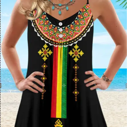 Etiopía León estilo patrón Correa verano vestido logotipo personalizado África zona ropa Dropshipping moda tendencia Mini vestidos mujeres