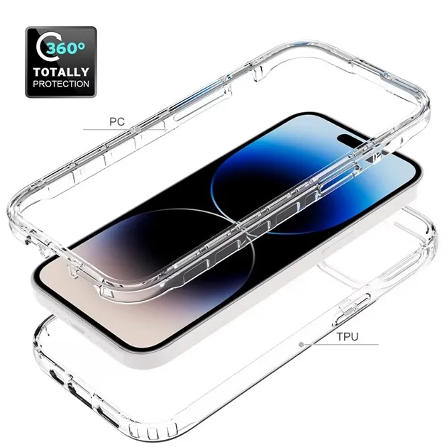 2 in 1 360 a corpo intero ibrido antiurto custodia trasparente per IPhone 15 Pro 15 Pro Max 15 Plus TPU + PC copertura trasparente di alta qualità