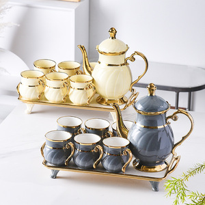 豪华金白瓷茶具6陶瓷茶盘套装咖啡茶杯套装带茶壶 - Product Image 2