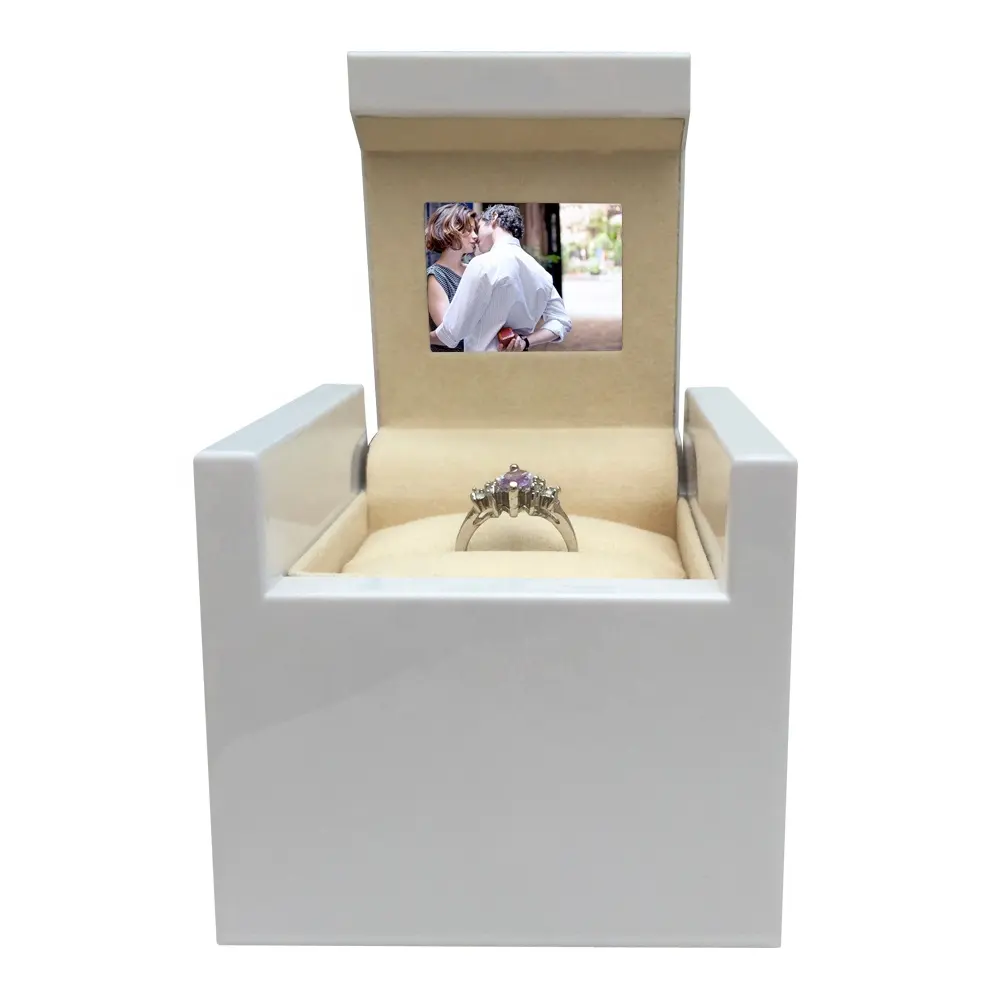 Custom Affollamento Unico di Velluto Regalo di Video di Visualizzazione Anello Romantico Bianco Diamante per la Cerimonia Nuziale Lcd Schermo Contenitore di Monili