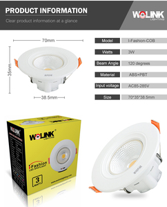 โคมดาวน์ไลท์ Led 3W คุณภาพสูง,โคมดาวน์ไลท์พลาสติกสปอตไลท์ Led COB ฟลัชดาวน์ไลท์ - Product Image 2