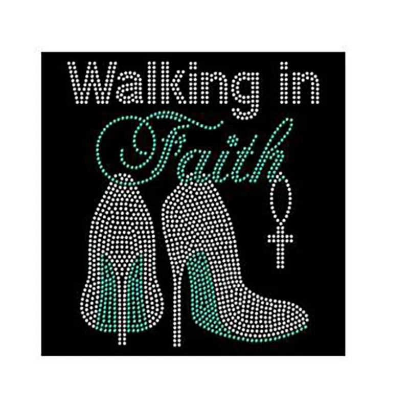 Zapatos de tacón de Cruz para caminar en la fe, diamantes de imitación, Hotfix, transferencia, para camiseta, venta al por mayor