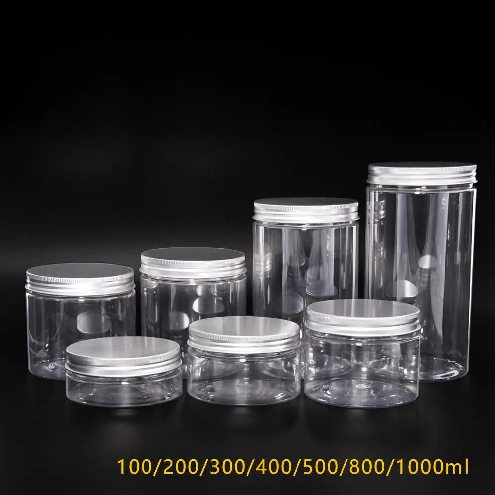Yüksek kalite 92mm 100/200/300/400/500/800/1000ml PET BPA ücretsiz yuvarlak şeffaf gıda kavanozu şeffaf plastik kavanoz kapaklı