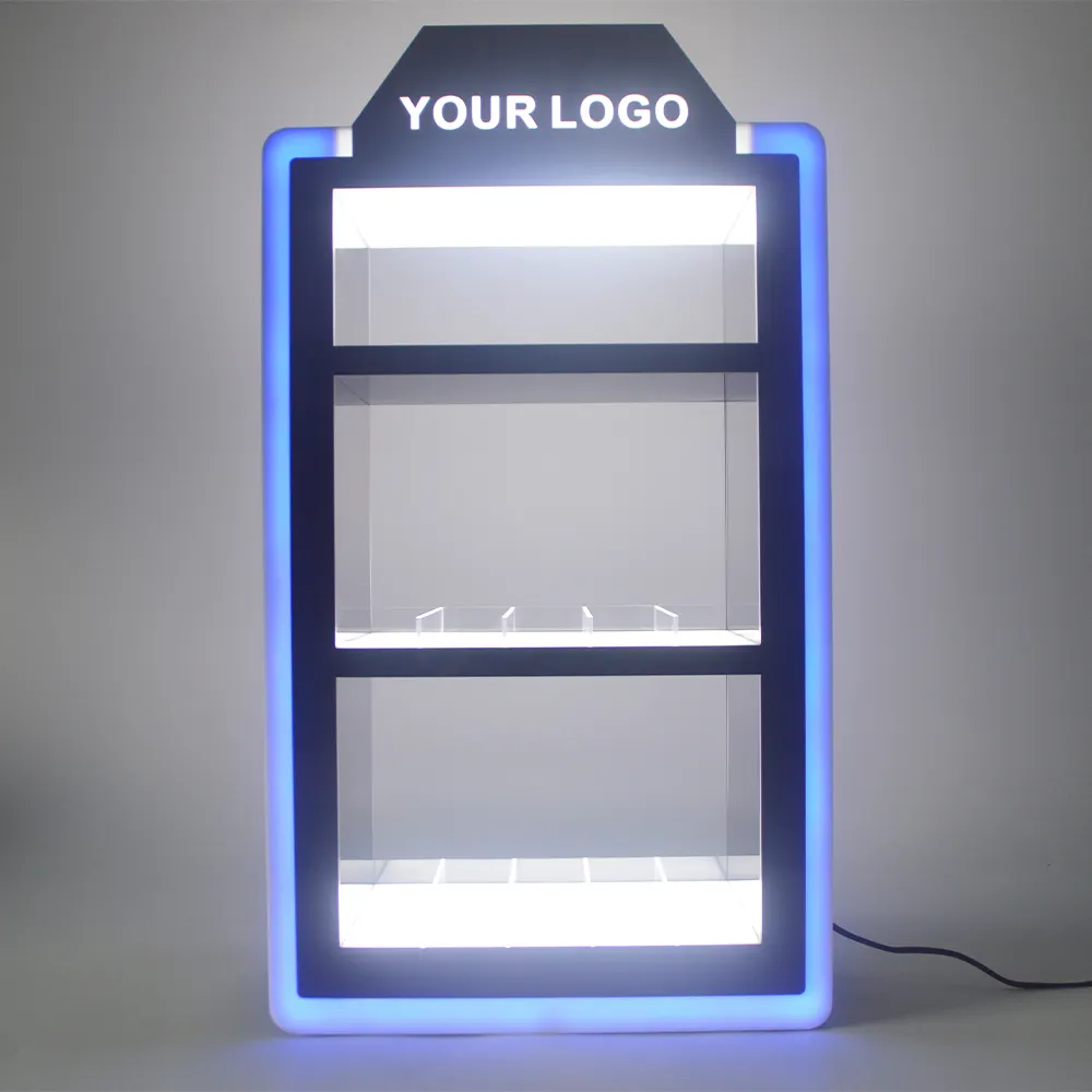 Muestra gratis tienda minorista fábrica RGB luces personalizado acrílico claro encendedor de cigarrillos caja rodante a mano soporte de exhibición de tabaco