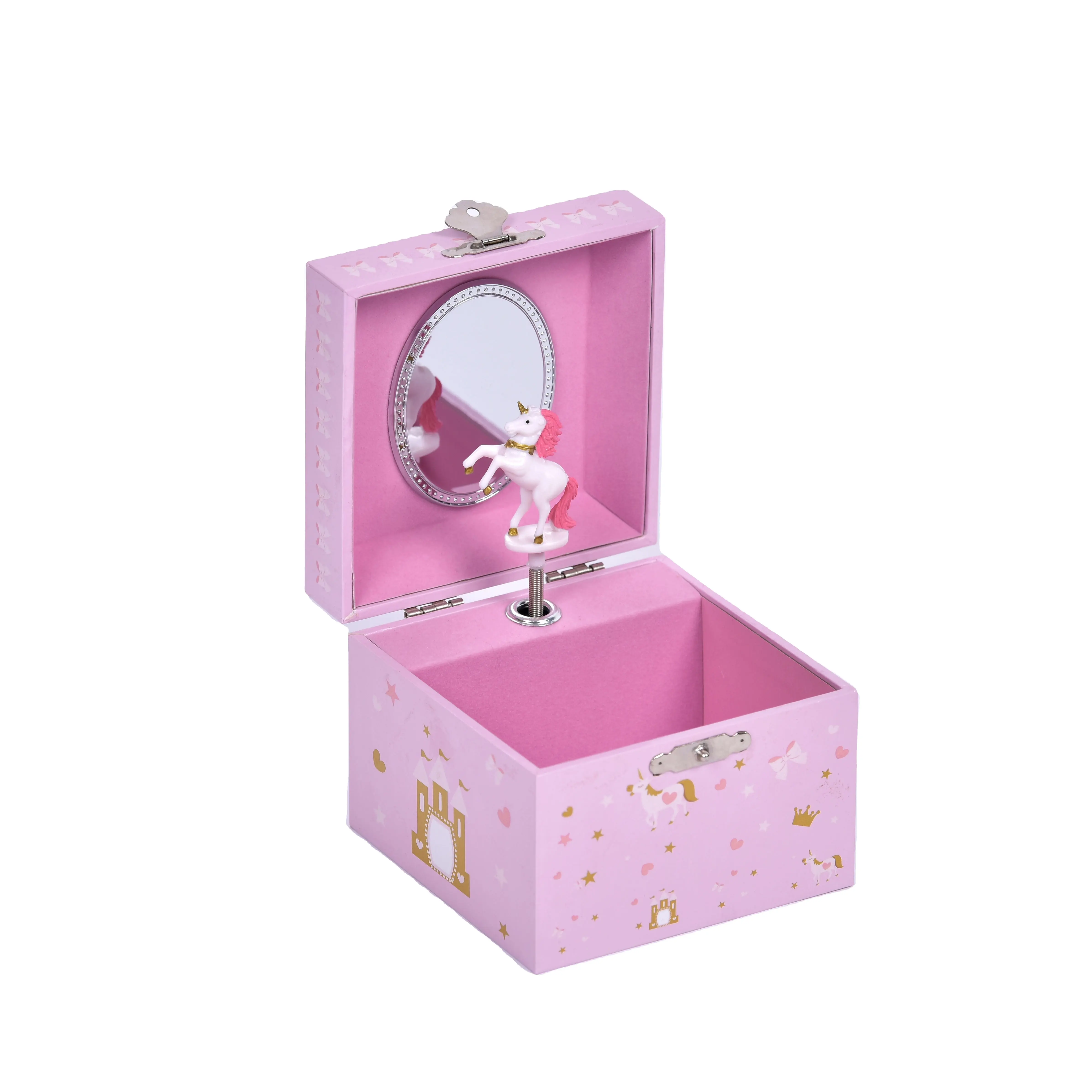 Caja de música de joyería rosa de 4 pulgadas, caja de papel para niñas