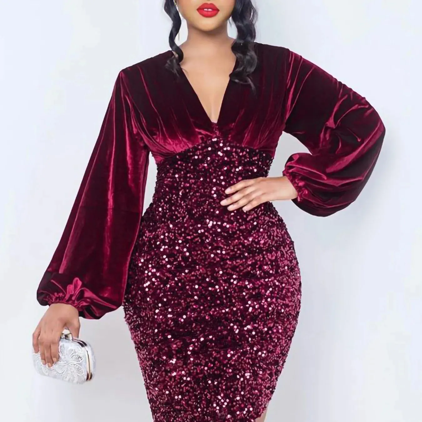 Vestido de noite chique elegante com decote em V manga bufante elegante plus size vestido de lantejoulas de veludo feminino