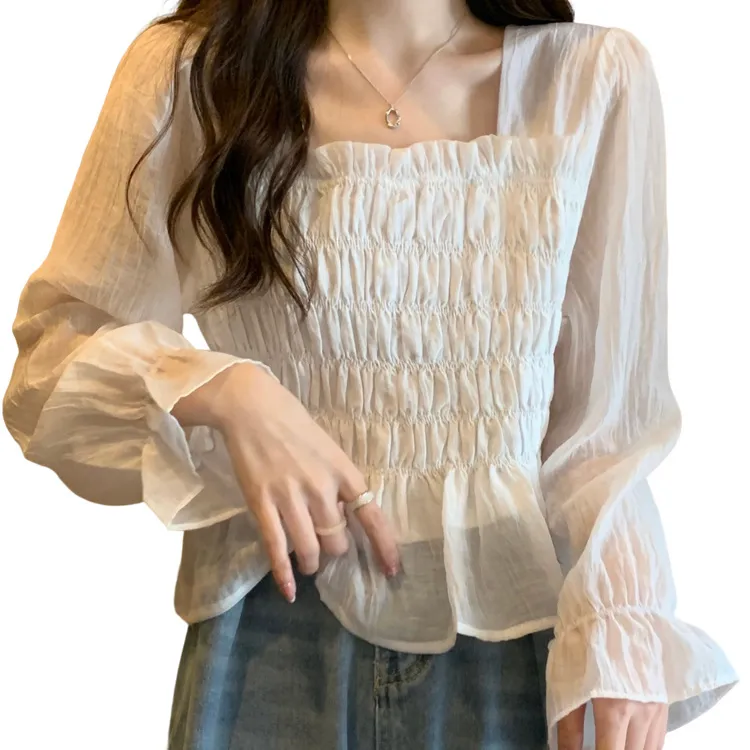 Square Neck Cropped Chiffon ss womens blouse tops korean fashion brand