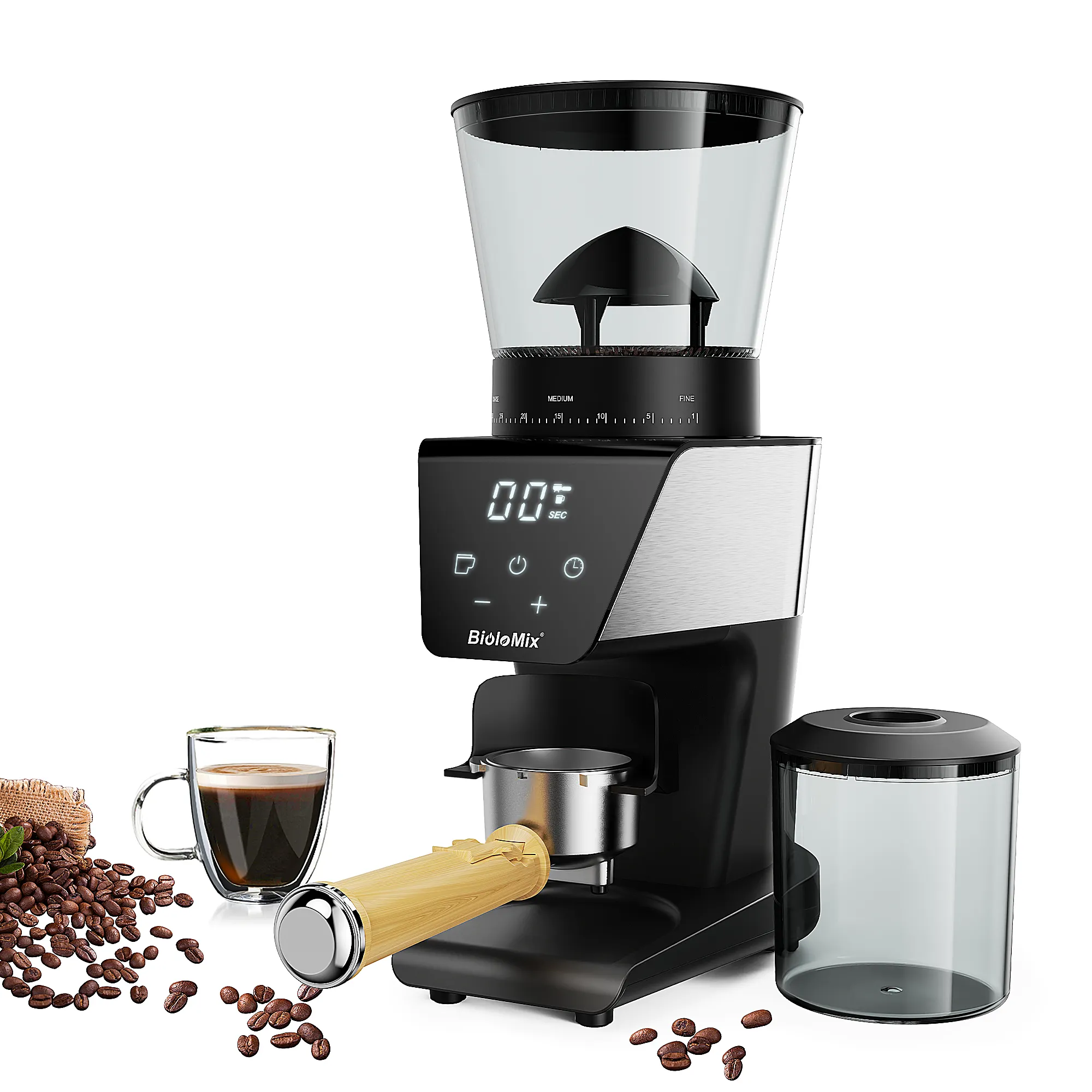 BioloMix Burr Moinho Automático Moedor De Café Elétrico com 30 Engrenagens para Espresso Café Americano Despeje Sobre Armazenamento De Feijão Visual