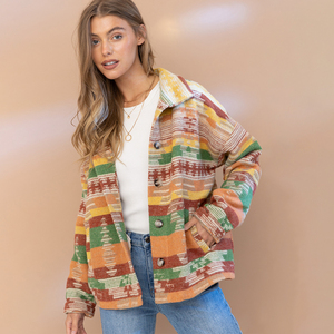 Bayanlar sonbahar kış rahat hırka ceket batı aztek baskı uzun kollu yün ceket Polyester astar gevşek yaka tasarımı ile - Product Image 3