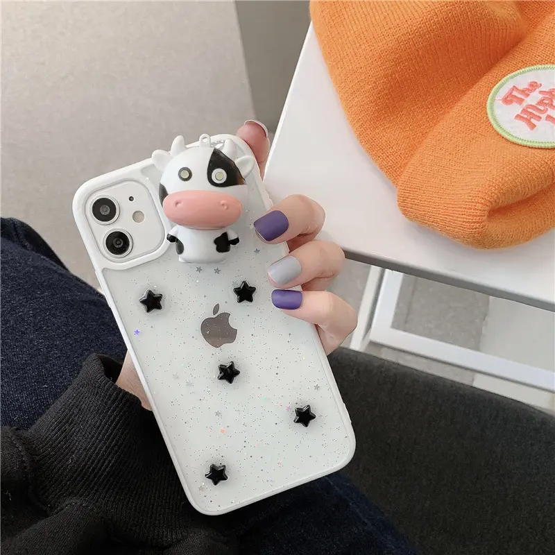 Fashion 3D glowing Cow Glitter Clear Phone Case For iphone 14 13 12 Pro Max XS X MAX XR Shining Star Sequins Transparent Cover