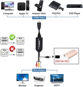 Cable convertidor HDMI a RCA AV, adaptador compuesto de HDMI a RCA Cvbs con fuente de alimentación USB (hembra a macho)