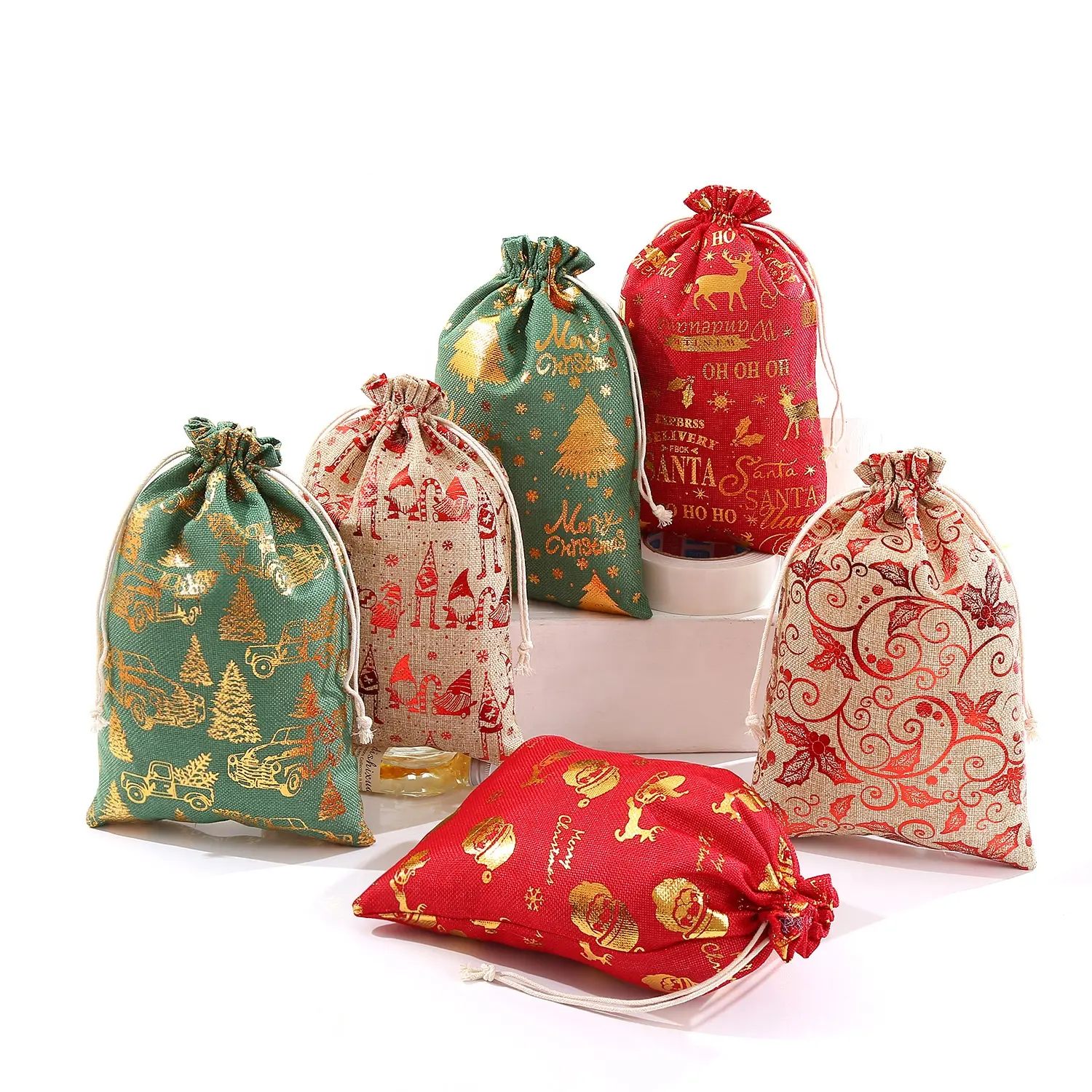 Bolsa de regalo de caramelo de lona de tela de Navidad DAMAI, estampado en caliente colorido, almacenamiento de Navidad, bolsa de dibujo de tela de algodón para decoración de fiesta
