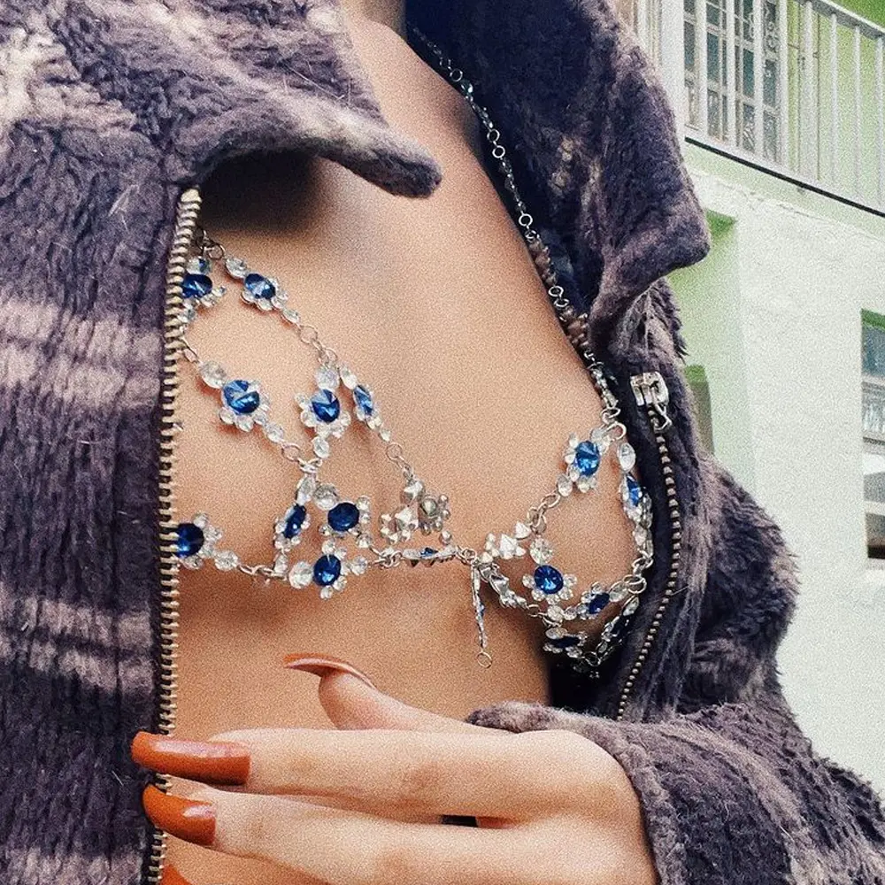 Soutien-gorge avec strass cristal pour femmes, à la mode, bleu, Sexy, chaîne de poitrine, accessoires vêtements, 2022
