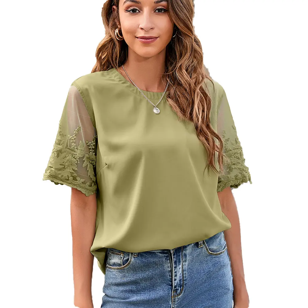 Blusa feminina elegante para o verão, camiseta de renda e manga curta de chiffon lisa