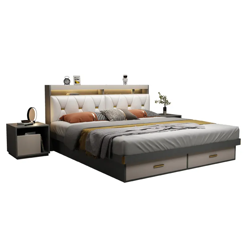 Nouveau design lit queen rembourré avec rangement lit double cadre chambre ensembles meubles lit multifonctionnel