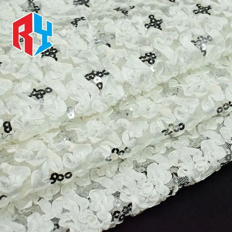 Keqiao yüksek kalite pullu dantel kumaş için metre başına gelinlik kumaşı lüks nakış boncuk sequins pamuk kumaş elbise
