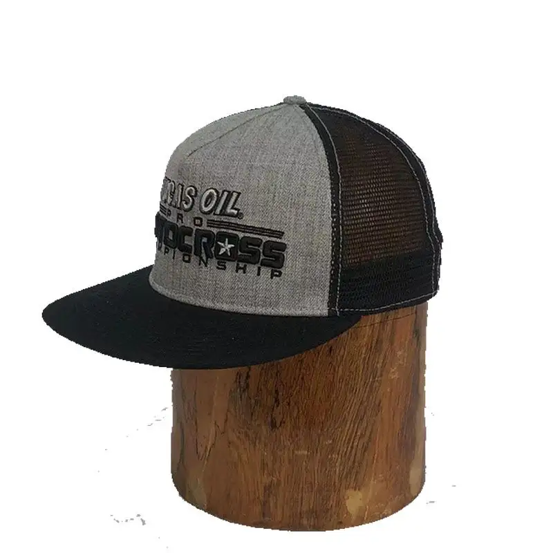 Cappello piatto nero con corona grigiosa su misura Cappello a 5 pannelli tessuto in poliestere puro 3D con Logo ricamato in plastica cappellini da Baseball a scatto