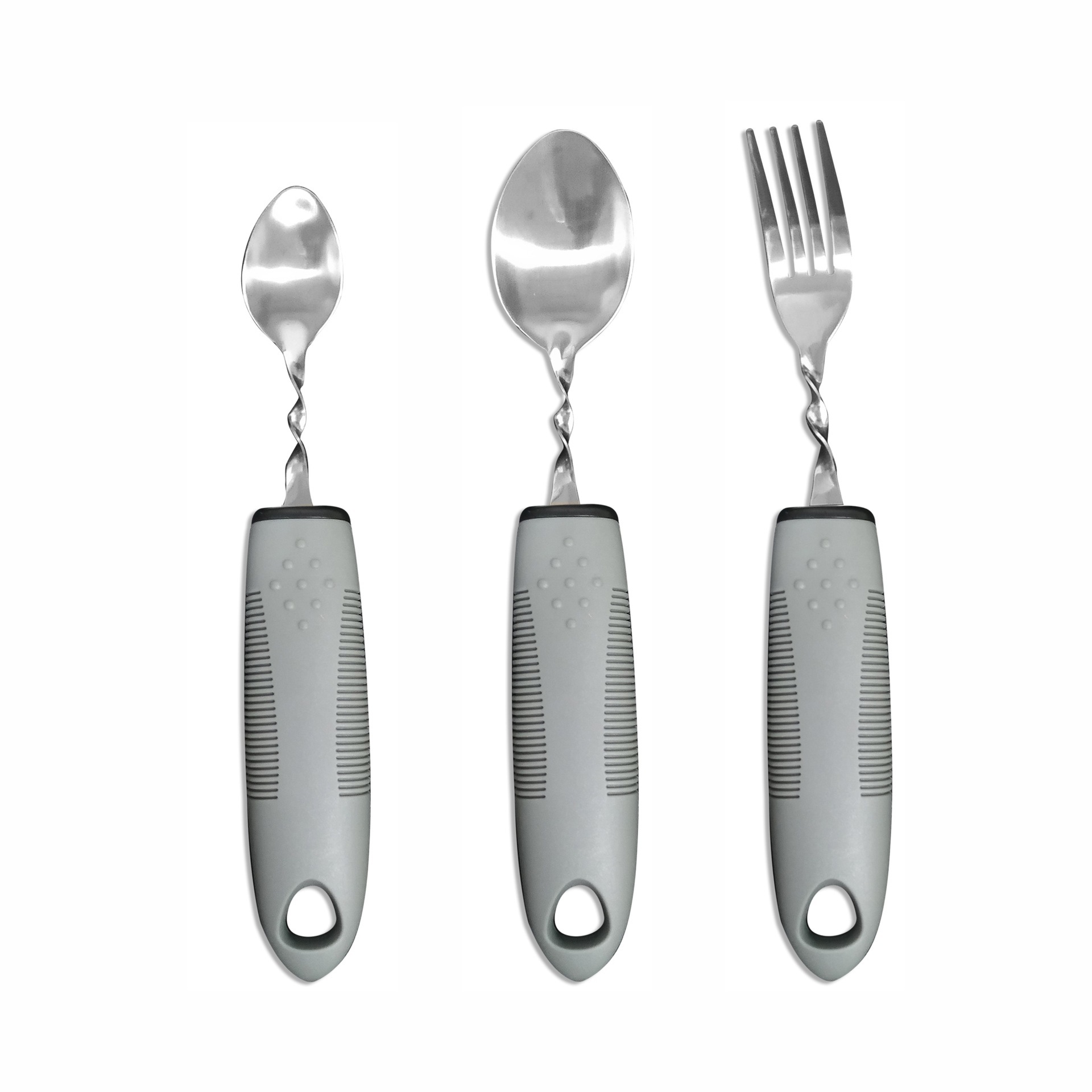 Ensemble de 3 pièces : petite fourchette et cuillère courbées à manche gris.
