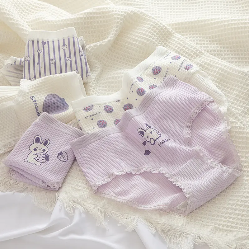 Bragas de algodón con dibujos de conejo para chica, ropa interior de cintura media, color morado