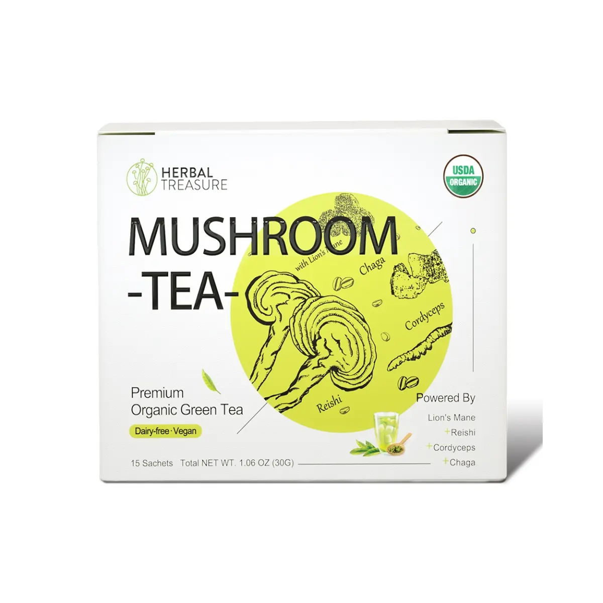 Kantong teh ekstrak Jamur grosir gratis sampel Label pribadi 100% teh jamur murni alami