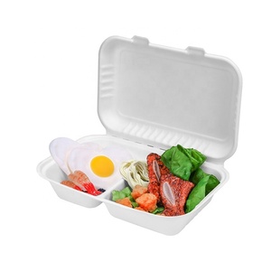 Biodegradable PLA PE Coating Lined <strong>8</strong>&quot; 9&quot; Inch Bagasse <strong>3</strong> Compartment Sugarcane Sugar Cane Container Clamshell Food Box - Product Image 1