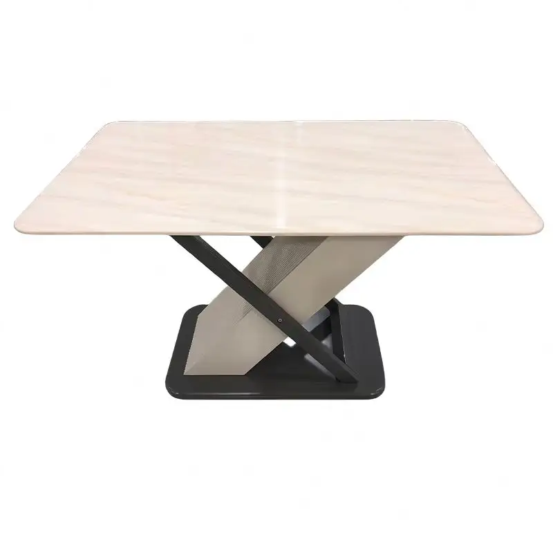 Nuevo diseño Comedor de piedra sinterizada templada Mesa de comedor Rectángulo Mesa de comedor superior con marco cromado