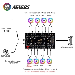 RGB Fan PWM HUB, 8X 3Pin <strong>A</strong>-RBG/4Pin RGB + 8X 4Pin PWM <strong>Header</strong>, Temperature + Light in 1 Control M/<strong>B</strong> SYNC - Product Image 2