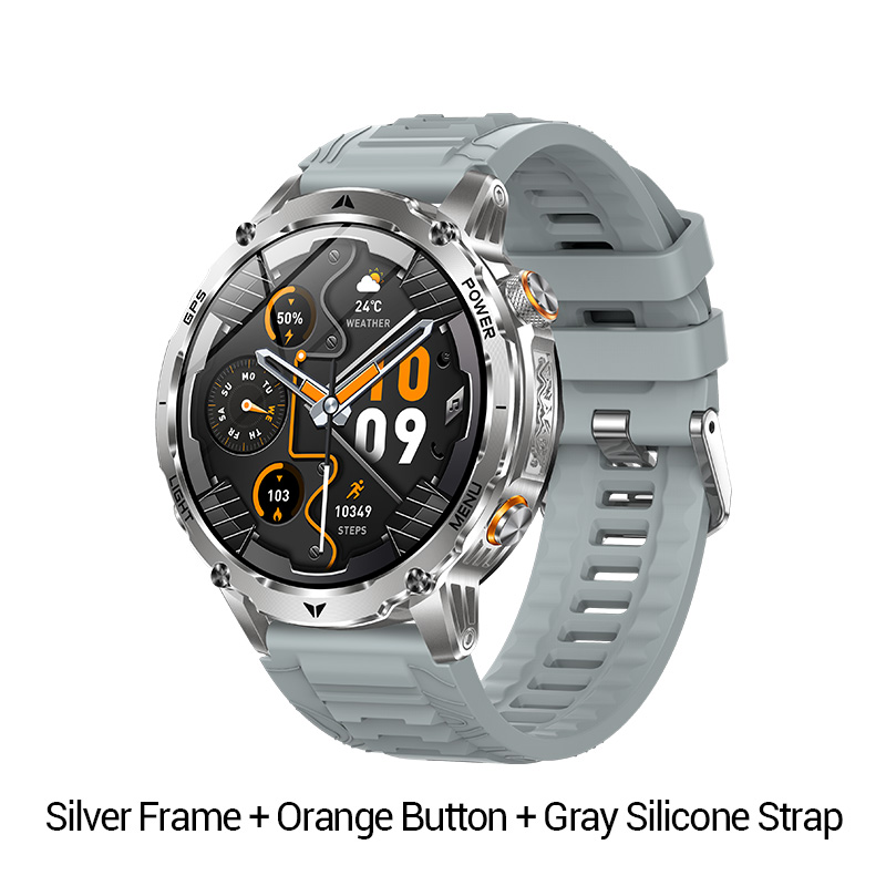 Cadre argenté + bouton orange + bracelet en silicone gris