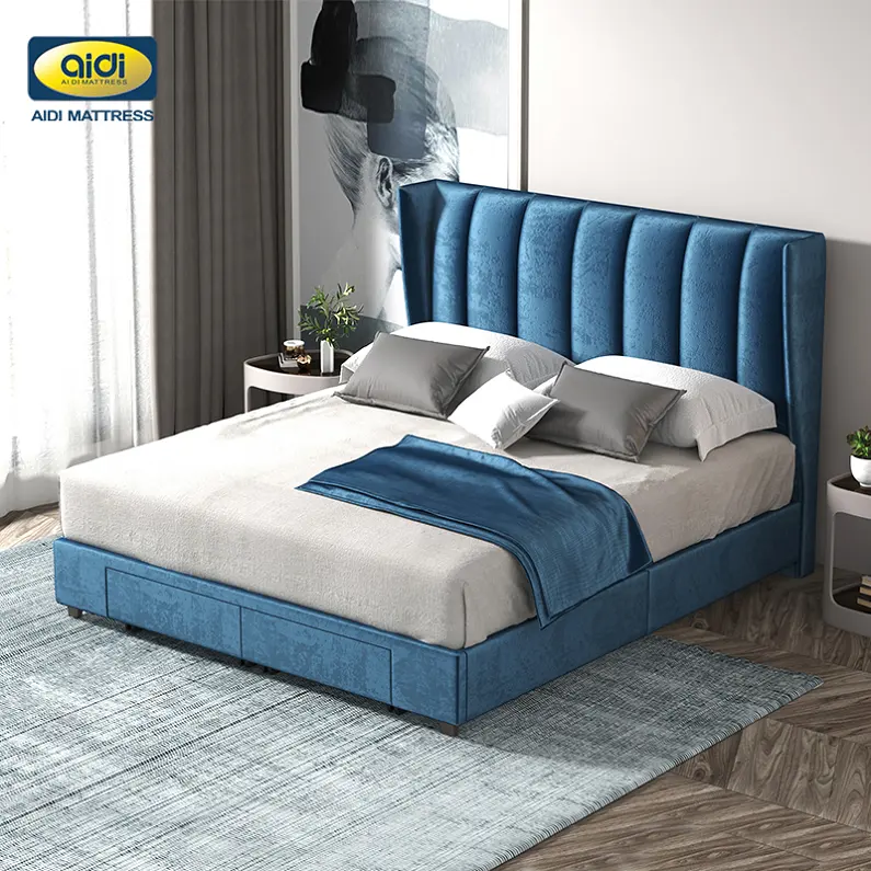 Marco de cama con plataforma Queen moderna, cajones de almacenamiento, cabecero tapizado, listones de madera, soporte para colchón, base