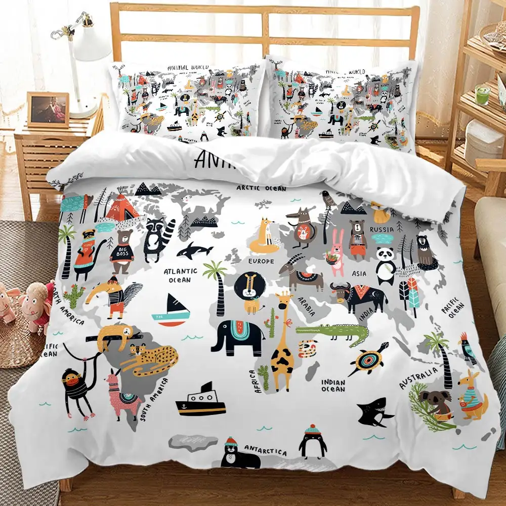 New Design High-quality Polyester Bedding Set With Digital Printing Map And Animal Print Bedding