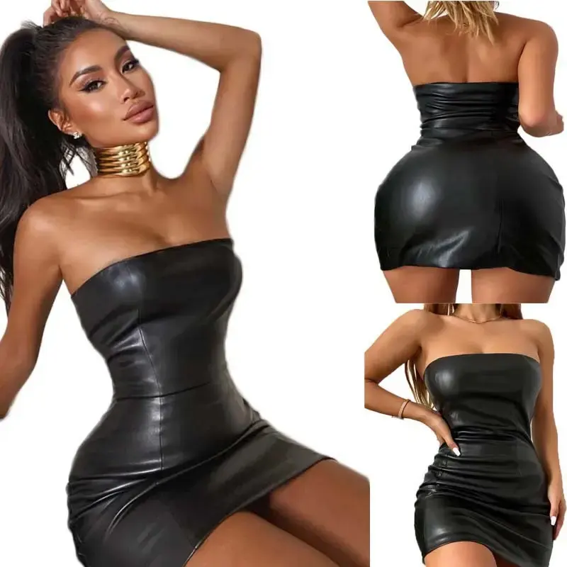 Venta caliente Sexy Tight Mini vestidos Sexy mujeres negro cuero tubo vestido elegante noche Club sin mangas vestidos básicos