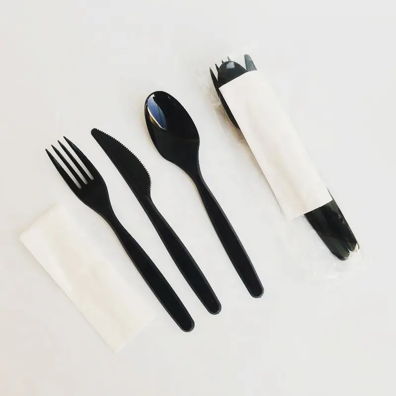 Pp 4 trong 1 nhựa dùng một lần chuyến bay nhựa muỗng nĩa và dao kit, nhựa dùng một lần dao kéo gói