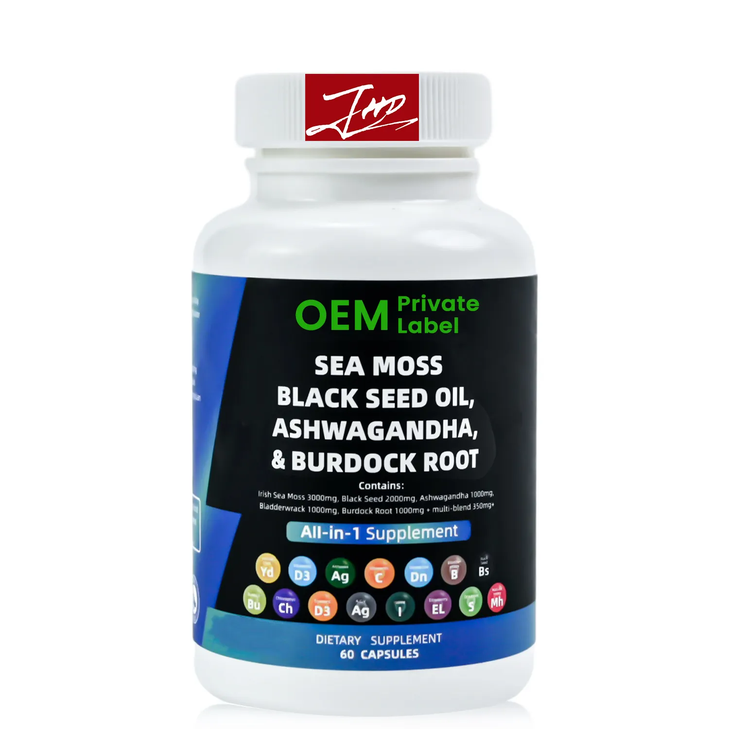 OEM private label 16-in-1 Burdock Root Black Seed Oil Ashwagandha Vegan Irish Sea Moss Complex Capsules