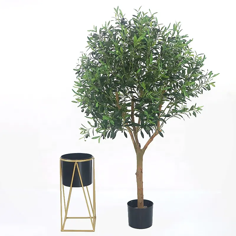 Árvore de azeitona artificial de madeira, árvore de tronco de madeira com vaso plástico para decoração de jardim