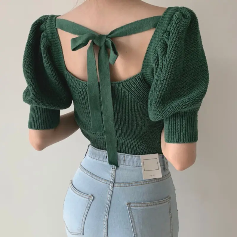 Wholesale 2020 Spring and Autumn Korean Elegant Square Neck T-shirt Hollow Backless Tie Puff Sleeve Temperament Knit T-shirt