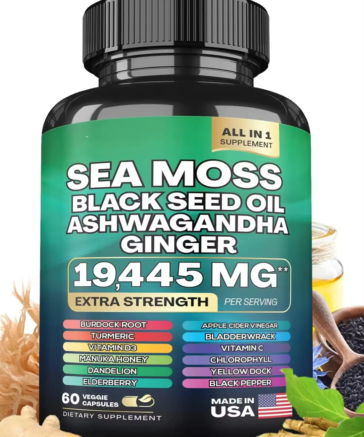 Capsules de mousse de mer 3000mg Huile de graines noires Ashwagandha Curcuma Bladderwrack Bardane Vitamine D3 Supplément de capsule de mousse de mer