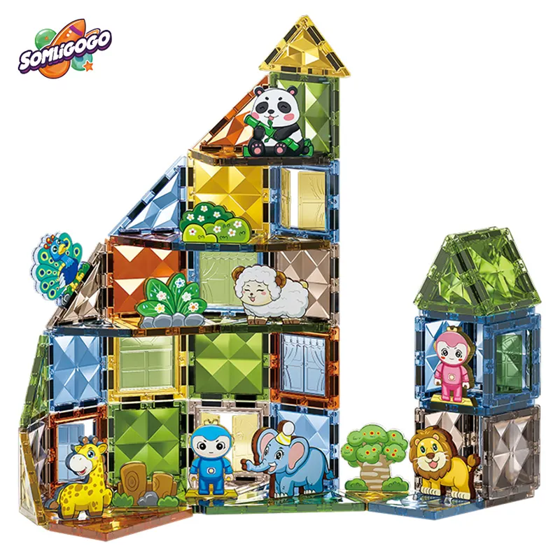 SL 4D diseño de superficie de perforación 82 Uds Animal Zoo Magic azulejos magnéticos bloques de construcción palos juegos juguetes para niños de más de 3 años